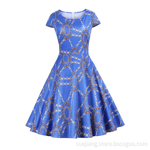 Knee-Length Colorful Printed Fabric Retro Dress
